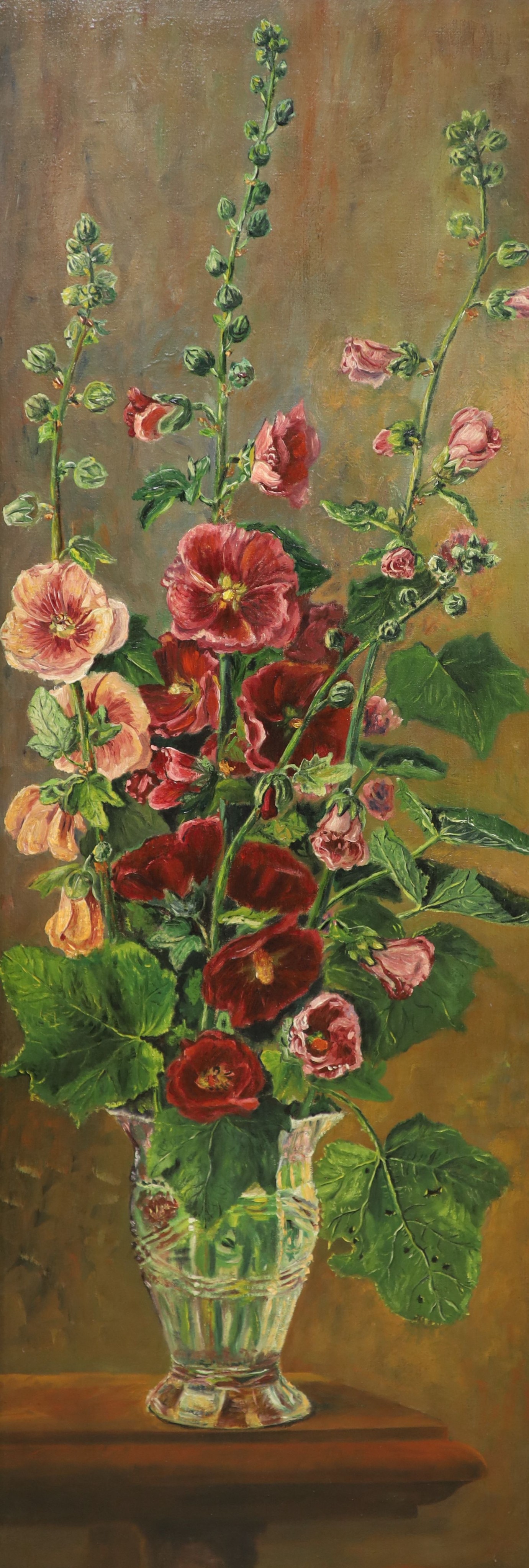 English School c.1900, pair of oils on canvas, Still lifes of irises and hollyhocks in vases, 94 x 32cm